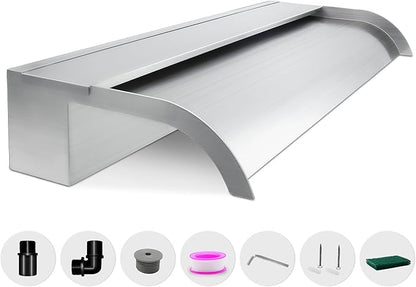 Waterfall Spillway, Stainless Steel Pool Fountain w/Top Open Lip & Pipe Connector Kits for Outdoor/Indoor Decorative, 23.6'' Pool Water Feature for Garden Patio, Backyard Koi Pond Decor
