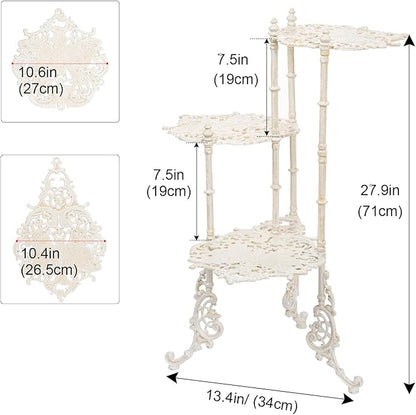 Sungmor Vintage Cast Iron 3-Tier Plant Stand, Elegant Butterfly & Floral Design with Antique White Finish, 28 Inch Tall Rustic Flower Pot Holder, Heavy Duty Metal Display Shelf for Indoor and Outdoor