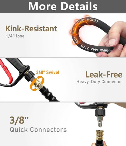 Pressure Washer Hose 150FT 4000 PSI, Kink Resistant Steel Braided Layer & NonMarking Rubber for Hot/Cold Water, High Power Washer Hose With 3/8 Inch Quick Connect & M22 Fitting, Black