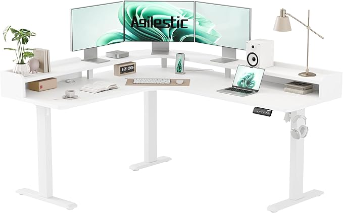 Agilestic L Shaped Standing Desk, Corner Desk with Monitor Shelf, Adjustable Height Gaming Table, Sit Stand Up Table, 63 x 55 Inch Home Office Computer Workstation, Splice Board, White