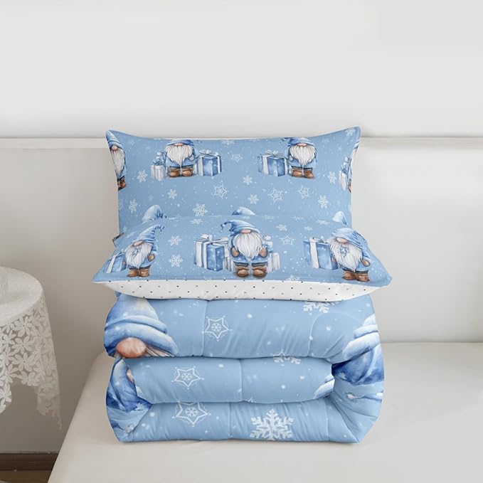 Feelyou Blue Christmas Comforter Set Full Size Scandinavian Christmas Santa Gnomes Bedding Set for Kids Boys Girls Xmas Snowflake Duvet Quilt Bedroom Decor 3 Pcs with 2 Pillow Cases