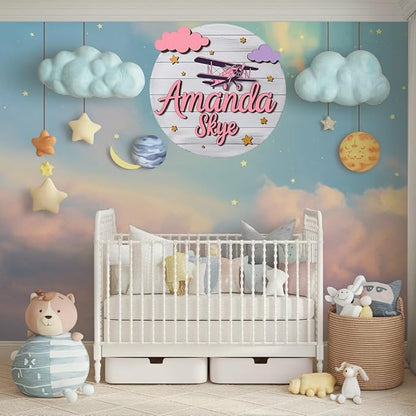 Personalized Wooden Name Signs for Nursery, Pink Plane Sign for Baby Door Decor, Newborn Gifts for Girl, Girls Nursery Wall Bedroom Decorations, Mother's Day Gifts for New Mom Dad Gift