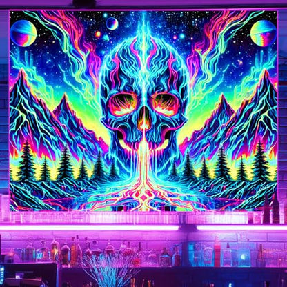 Blacklight Tapestry Skull Mountain Neon Wall Art 78 x 59 Inch