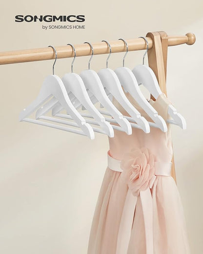 SONGMICS Kids Wooden Hangers 20 Pack, Solid Wood Baby Hangers, Children's Coat Hangers with Pants Bar, Shoulder Notches, Swivel Hooks, 12.6 x 7.5 Inches, White and Silver UCRW006W20
