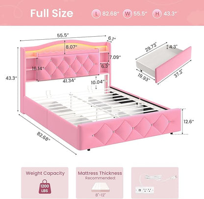 DICTAC Full Size Bed Frame for Girls with 4 Storage Drawers, Bookcase Headboard, LED Lights and Power Outlets, Diamond Tufted Velvet Upholstered Princess Platform Bed, Heavy-Duty Metal Support, Pink