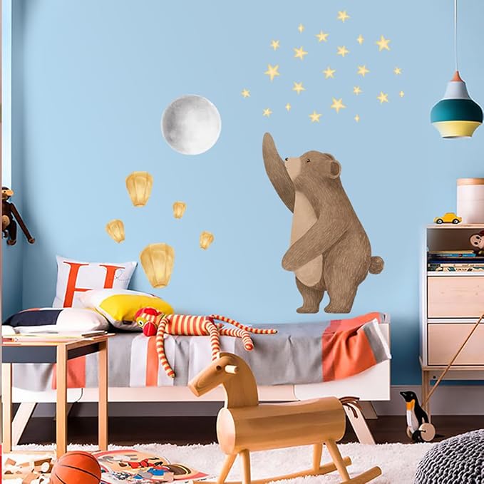 Cute Bear Wall Decals with Moon & Stars - Removable Nursery Wall Stickers for Baby Kids Room, Waterproof Animal Wall Art Decor, Easy to Apply Bedroom Living Room Playroom Murals