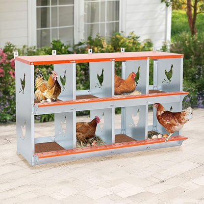 8 Hole Chicken Nesting Boxes for Laying Eggs, Large Galvanized Steel Hen Nesting Box with Ventilation & Coconut Fiber Pads, Wall Mount Chicken Laying Box for Hens, Ducks & Birds, Orange