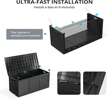 Outvita Foldable 75 Gallon Outdoor Storage Box, Plastic Storage Containers with Lid, Patio Deck Box Furniture for Garden, Pool, Balcony, Yard (Black)