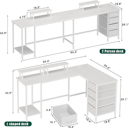 59 inch L Shaped Computer Desk with Power Outlets, Home Office Desk with 4 Adjustable Storage Drawers & 2 Monitor Stands, Two Person Gaming Table for Bedroom, White