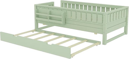 Bellemave Twin Size Kids Bed with high Rails and with Built-in Bookshelf and Trundle for Kids, Girls, Boys, Wood Montessori Bed Without Door, Avocado Green