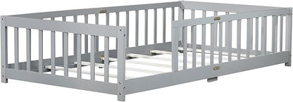 Twin Size Montessori Floor Bed for Kids,Twin Floor Bed Frame with Slats,Solid Wood Twin Bed Frame for Girls Boys,Grey
