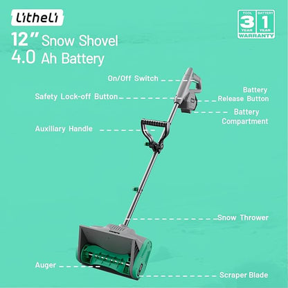 Litheli Cordless Snow Shovel, 20V 12'' Electric Snow Blower for Driveway, Battery Powered Snow Thrower, 4.0Ah Battery and Fast Charger Included