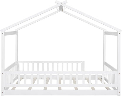 Merax Full Size Wooden House Bed with Fence, Wood Bed Frame with Roof and Safety Guardrail for Kids, Teens, Boys or Girls, 57" L x 62.9" W x 79.5" H, White