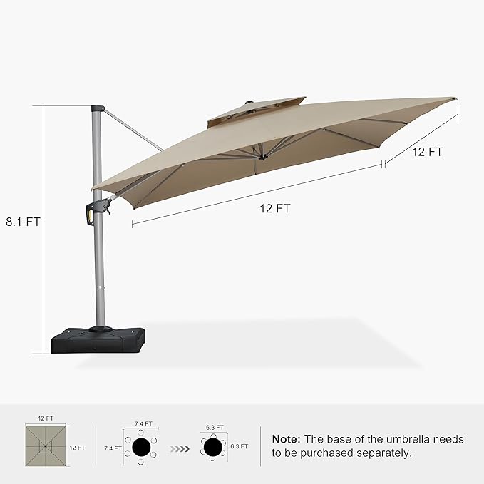 PURPLE LEAF 12ft Patio Umbrella Outdoor Square Umbrella Large Cantilever Umbrella Windproof Offset Heavy Duty Sun Garden Deck Pool Patio, Spectrum Sand
