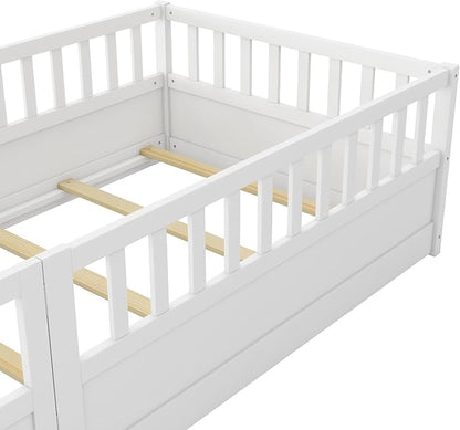 Bellemave Twin Floor Bed with Slats and High Fence, Twin Size Montessori Floor Beds with Door, No Box Spring Needed, Easy Assemble Montessori Bed Frame(White Twin)