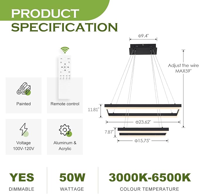 2 Rings Modern LED Chandelier Black 23.6inch Rectangle Dimmable LED Pendant