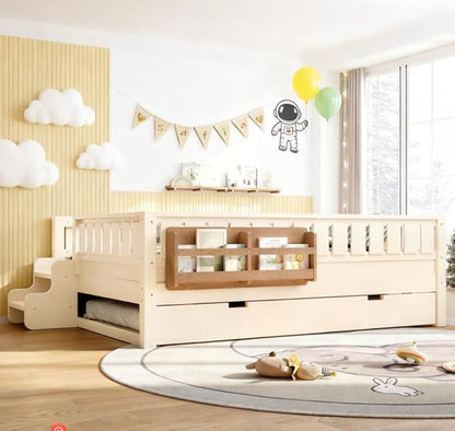 Bellemave Full Size Kids Bed with high Rails and with Built-in Bookshelf and Trundle for Kids, Girls, Boys, Wood Montessori Bed Without Door, Beige