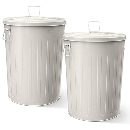 Plexon 2 Pack 20-Gallon Beige Galvanized Steel Round Trash Can with Lid Powder Coated Metal, Indoor and Outdoor Use, Durable Construction, Retro Design, Stylish