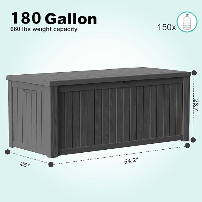 EasyUp 180 Gallon Deck Boxes Waterproof, Outdoor Large Storage Boxes with Lids, Outside Resin Storage Box & Deck Boxes for Patio, Garden Use(Black)