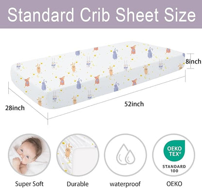 Little Grape Land Waterproof Crib Sheets for Boys Girls, Soft and Breathable Waterproof Baby Crib Sheets 52"x28", Crib Mattress Sheets Neutral for Standard Crib and Toddler Bed Mattress (Rabbit)