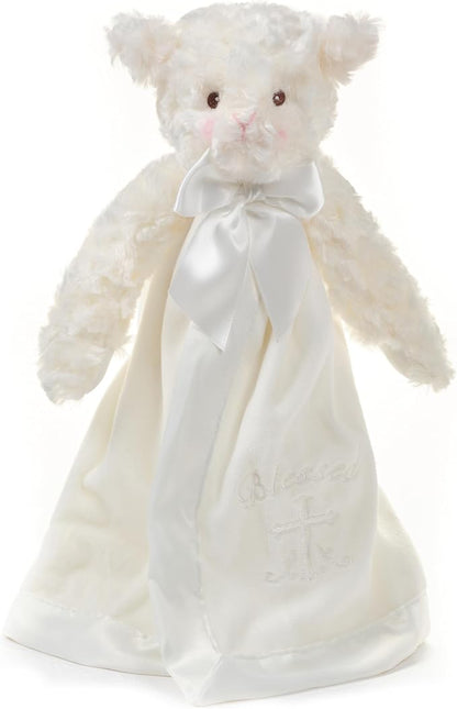 Bearington Collection Lamb Plush Security Blanket Lovey Christening Stuffed Animal - 15 in White Satin Trim - Baptism Lamb Security Blanket
