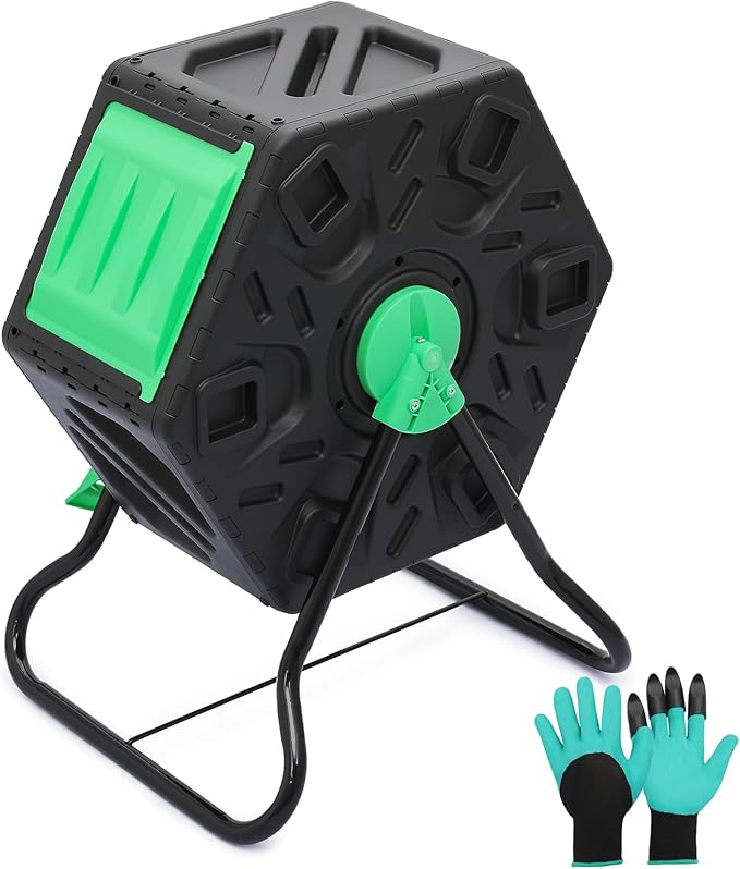 MoNiBloom 17 Gallon Single Compost Tumbler, BPA Free Outdoor Light Weight Compost Bin w/Sliding Door, All-Season Fast Working Rotating Chamber Composters for Garden Patio