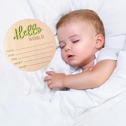 Baby Announcement Sign, 5.9 Inch Wooden Hello World Newborn Signs, Birth Announcement Sign, Baby Shower Hospital Nursery for Newborn Boys and Girls (Wilderness Green)