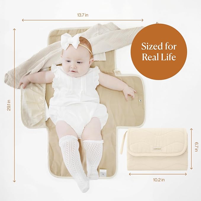 Toddlekind Mini Maven Portable Changing Pad – Organic Cotton & Water-Resistant Polyester – Travel-Friendly, Foldable Change Mat – Tofu Beige Stripes with Wave Stitching – Chic, Durable, Easy to Clean