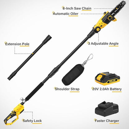 Pole Saw, 8-Inch Pole Saw for Tree Trimming Cordless 15-FT Max Reach, Auto Oiling, Tool-Less Electric Pole Saws, Tree Trimmer with Battery & Fast Charger