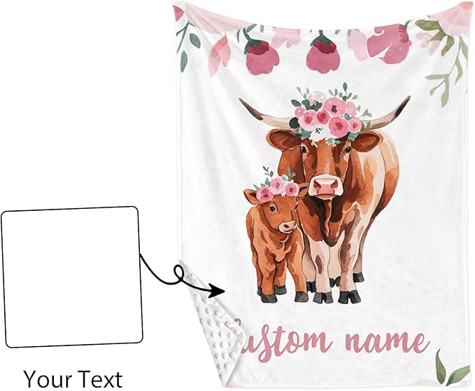 Personalized Nursery Crib Bedding Set: Custom Name Pink Flower 5 Piece Baby Crib Sets with Highland Cow Pattern - Toddler Double Layer Blanket Set, Comfortable Crib Bed Sheets for Baby Grils