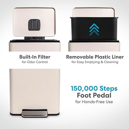 50 Liter / 13.2 Gallon Soft-Close, Smudge Resistant Trash Can with Foot Pedal and Built in Filter- White Color