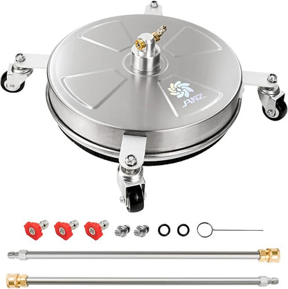 JANZ 16" Pressure Washer Surface Cleaner with 4 Wheels, Stainless Steel Housing, 1/4" Quick Plug, 2 Extension Wand Attachments, 2 Replacement Nozzles and 3 Spray Nozzles, 4000 PSI