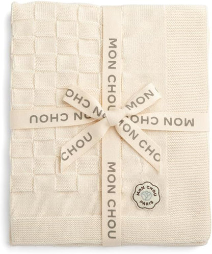 MON CHOU Knit Baby Blanket for Boys & Girls - Luxuriously Soft Pima Cotton for Crib, Nursery, or Stroller - Lightweight, Breathable Organic Cotton Baby Blanket - 30” x 37” (Ivory)