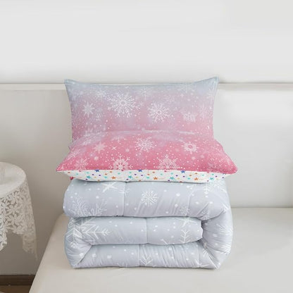 Feelyou Christmas Comforter Set King Size Winter Snowflake Bedding Set for Kids Boys Girls Blue Pink Gradient Duvet Quilt Bedroom Decor Microfiber 3 Pcs with 2 Pillow Cases