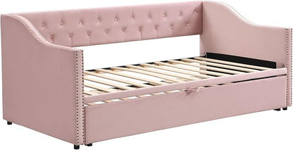 Merax Twin Size Upholstered Velvet Daybed with Pop Up Trundle, Multi-Functional Sofa Bed with Backrest and Two Armrest for Kids Room, Guest Room, Living Room,Pink