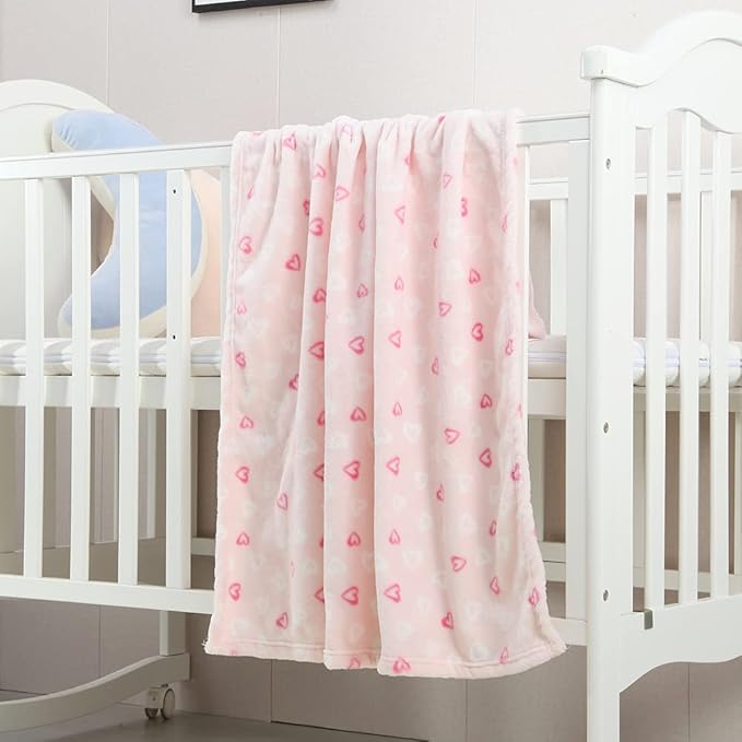 CREVENT 30''X40'' Lightweight Cozy Plush Fluffy Warm Fleece Baby Blanket for Girl Infant Toddler Crib Cot Stroller - Pink Heart
