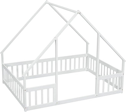 Bellemave Full Floor Bed for Kids, Girls, Boys, Wood House Bed Frame, House Floor Bed for Kids, Full Size Montessori Floor Bed with Fence, Playhouse, White