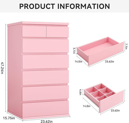 Pink Tall 7 Drawer Dresser for Bedroom, Modern Wood Closet Dressers & Chests of Drawers with Jewelry Storage, 23.6" L*15.8" W*47.5" H in Large Vertical Dresser for Bedroom, Living Room, Nursery