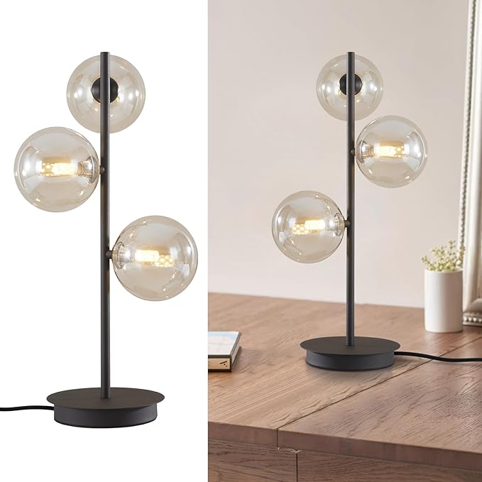 Modern Globe Table Lamp, Mid Century 3 Lights Black Bedside Lamp