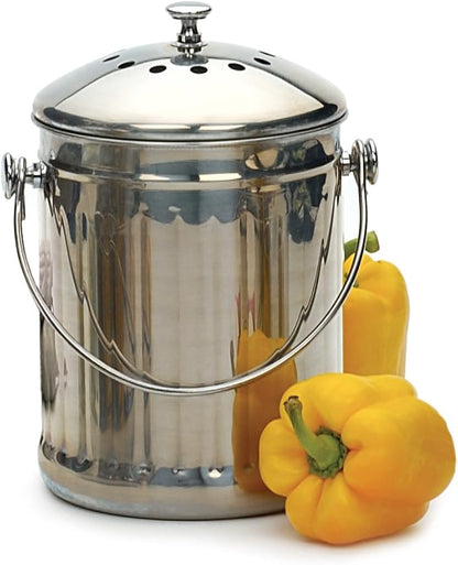 RSVP International Kitchen Collection Compost Pail, Dishwasher Safe, 1 Gallon Capacity, Stainless Steel
