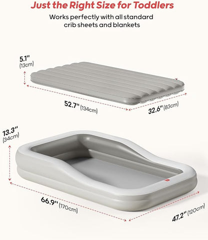 QPAU Inflatable Toddler Travel Bed with 3-Sided Safety Bumpers, Extra Large Kids Air Mattress, Includes Detachable Mattress, Portable for Camping, Travel, Home Use (Grey)