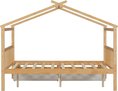 Merax Full Size Wooden House Bed with Two Drawers, Wood Bed Frame with Roof for Kids, Teens, Boys or Girls, Natural