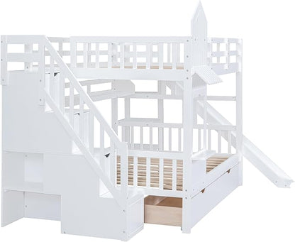 Full-Over-Full Castle Style Bunk Bed with 2 Drawers and 3 Shelves, Wood Bunk Bed Frame with Slide and Storage Staircase for Kids Teens Boys Girls, Maximize Space Savings (White +Full-3)