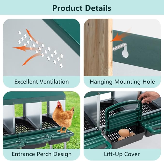Green Chicken Nesting Box for Laying Eggs – Roll Away Poultry Nest, Durable & Easy-Clean Hen Egg Box for Coops, Secure & Comfortable (4-Hole with Legs,Green)