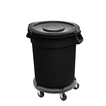 Feed and Seed Storage Container, 20 Gallon Black Round Commercial Trash Can with Lid and Dolly, Food Storage Plastic Bin, Use in Agricultural, Gardening, or Household