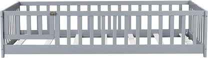 Bellemave Twin Size Floor Bed for Kids, Girls, Boys, Rubber Wood Floor Bed with slats and Door, Grey