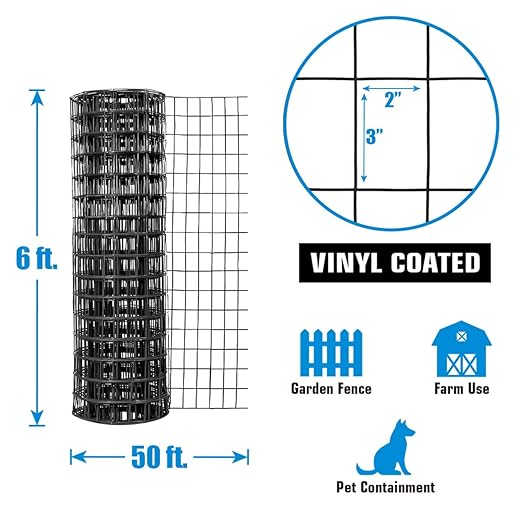 Fencer Wire 16 Gauge Green Vinyl Coated Welded Wire Mesh Size 2 inch X 3 inch, Black, 6 ft x50 feet