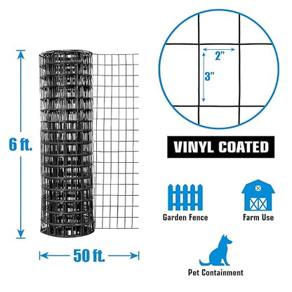 Fencer Wire 16 Gauge Green Vinyl Coated Welded Wire Mesh Size 2 inch X 3 inch, Black, 6 ft x50 feet