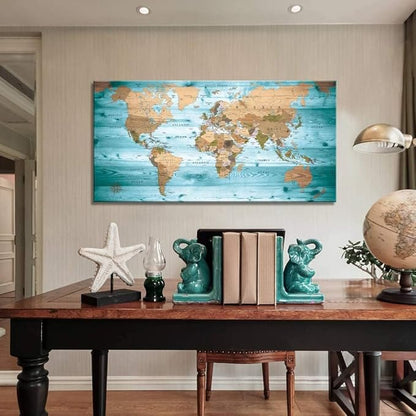 Large Wall Art Blue map of The World Painting Ready to Hang 20"x40"Large Framed Wall Art World Map Canvas Map Decorations Artwork Prints