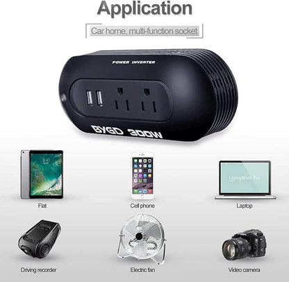 300W Power Inverter 12V DC to 110V AC Car Adapter with 4.8A Dual USB Ports and AC Outlets, Portable Compact Power Converter for Laptop, Phone, Tablet, RV, Camping(Black)